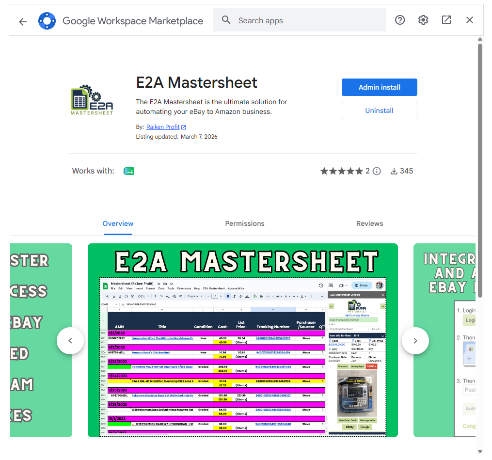 E2A Mastersheet Google Workspace Marketplace page screenshot