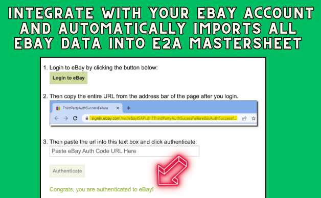 E2A Mastersheet public marketing graphic showing eBay account integration and automatic import