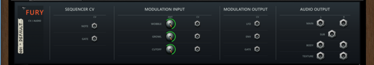 Fury rear panel CV inputs, CV outputs, and audio routing