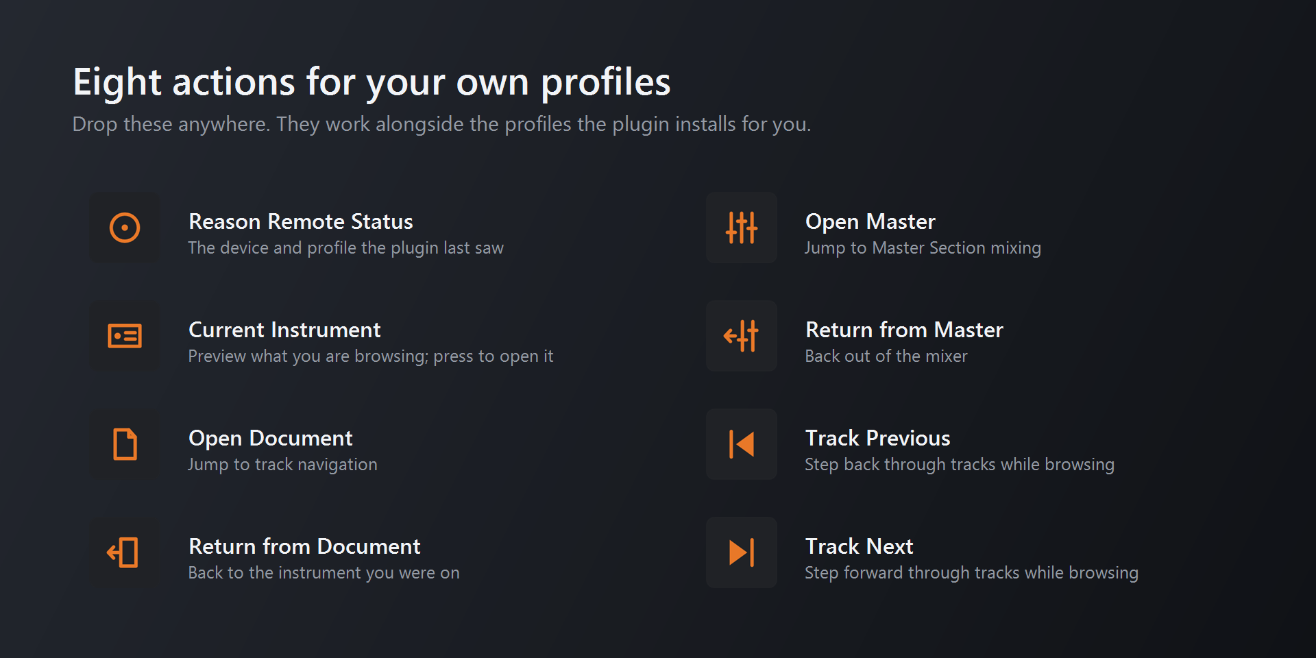 The eight Stream Deck actions included with the plugin, each with its own icon