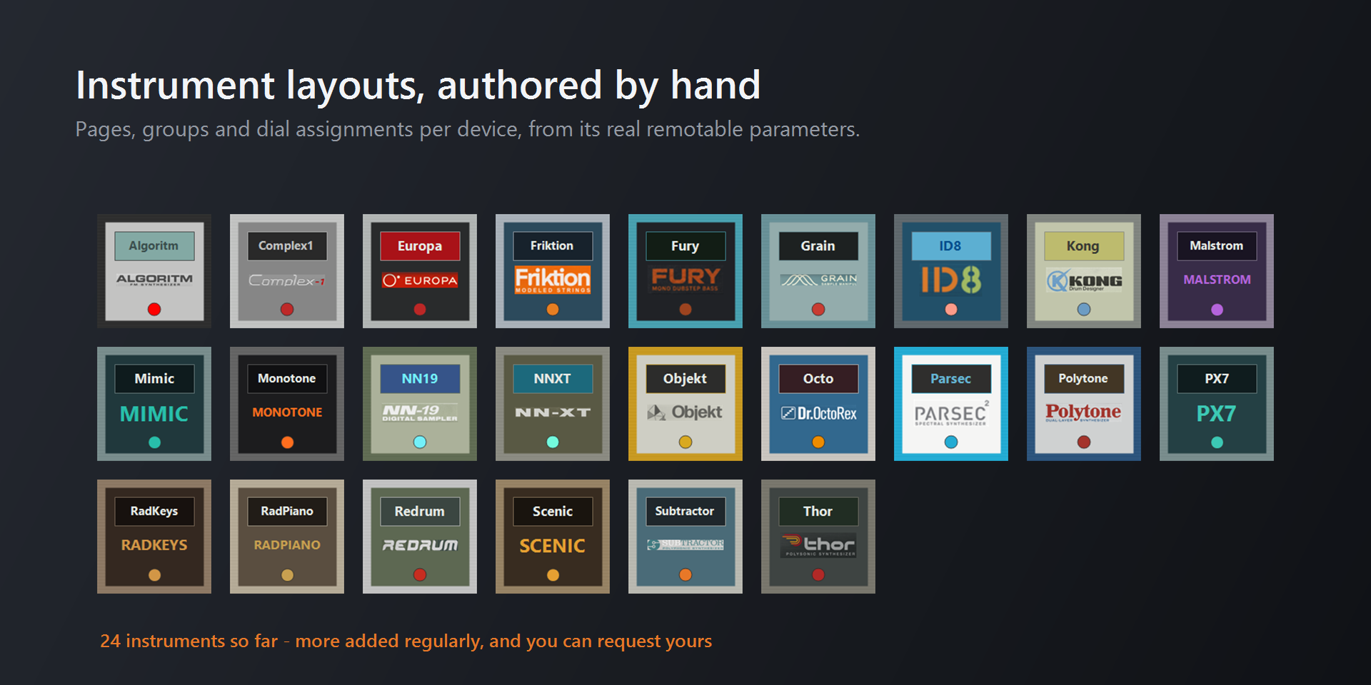 Grid of the Reason instrument tiles currently included with the plugin